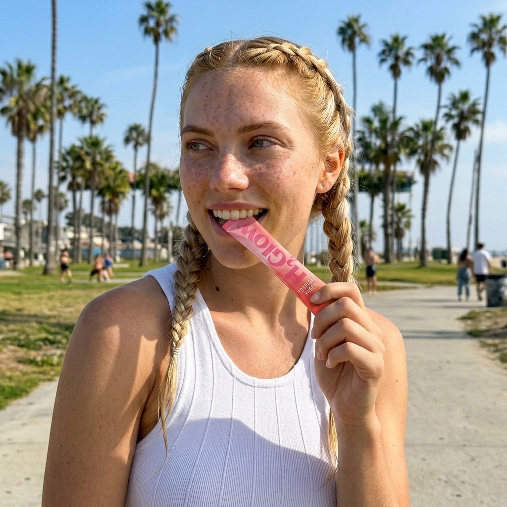 A woman holds a H2 Glow Tropical Punch sachet near her face on a palm-lined beach.