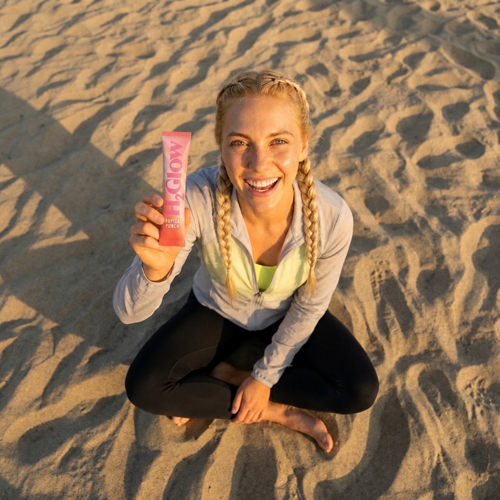 Overhead view of a woman holding a H2 Glow Tropical Punch sachet while seated on the sand.