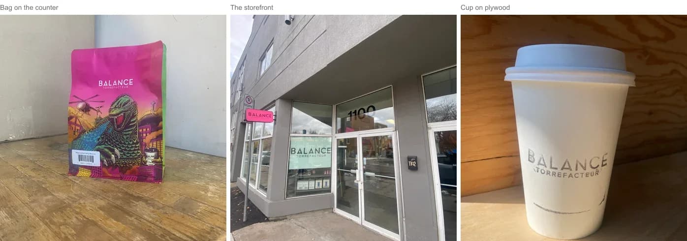Three phone snapshots: the coffee bag on a counter, the Verdun storefront, a takeaway cup on a plywood bench
