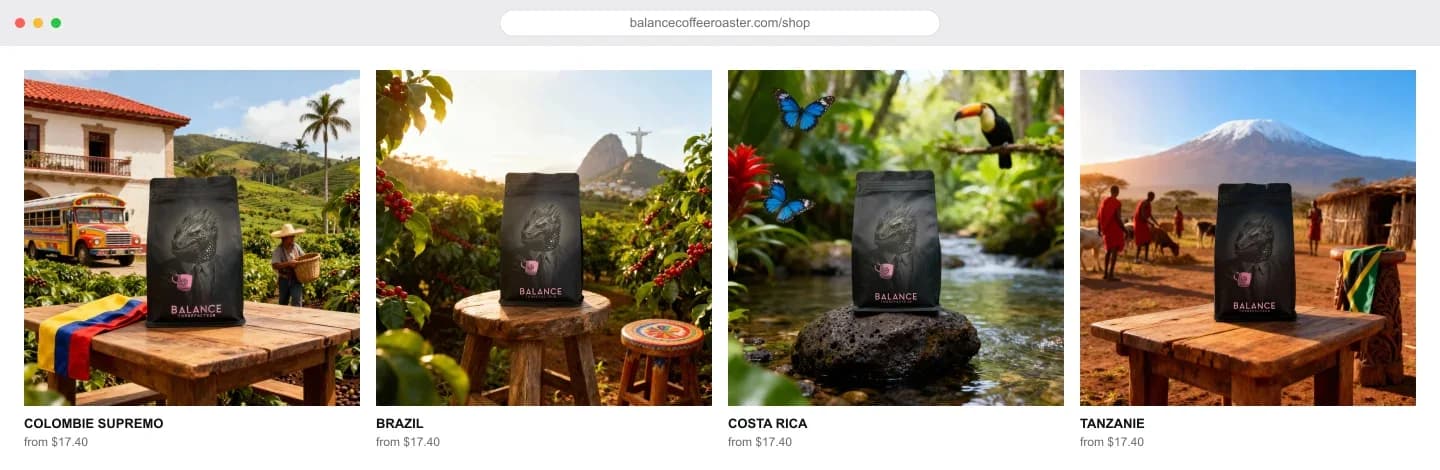 balancecoffeeroaster.com/shop, live — the generated origin scenes in place as the store's product photography