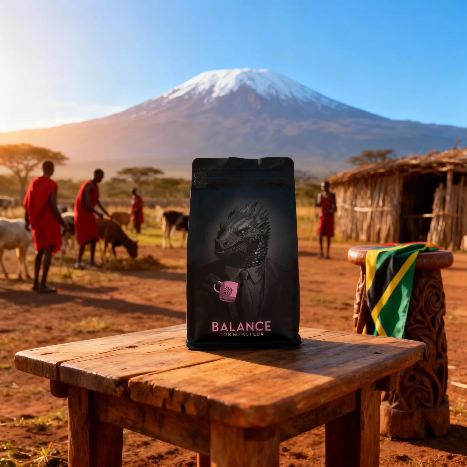 Balance Coffee bag composited into a Tanzanian highland scene with Kilimanjaro behind