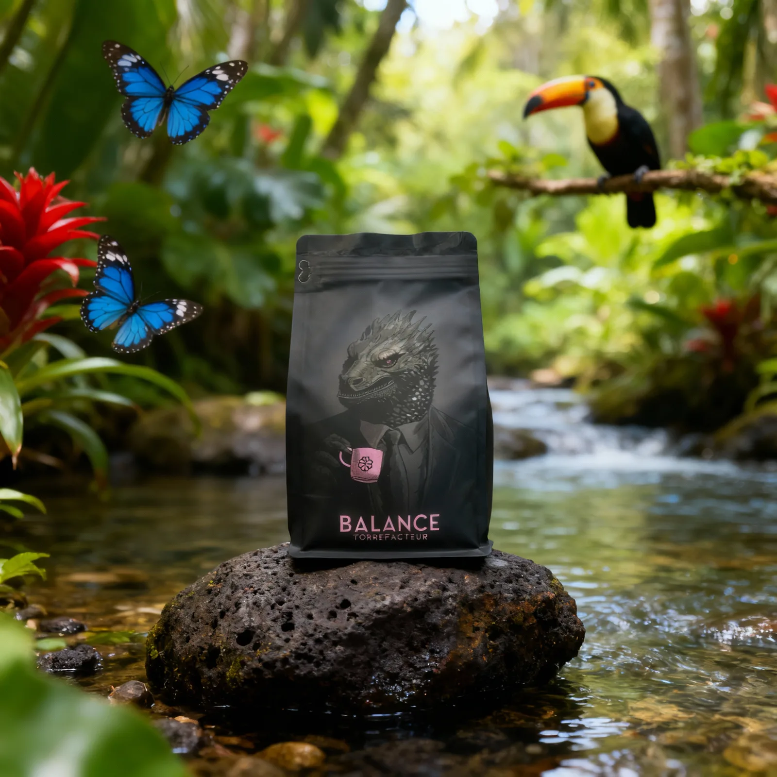 Balance Coffee bag beside a Costa Rican river with a toucan and a morpho butterfly